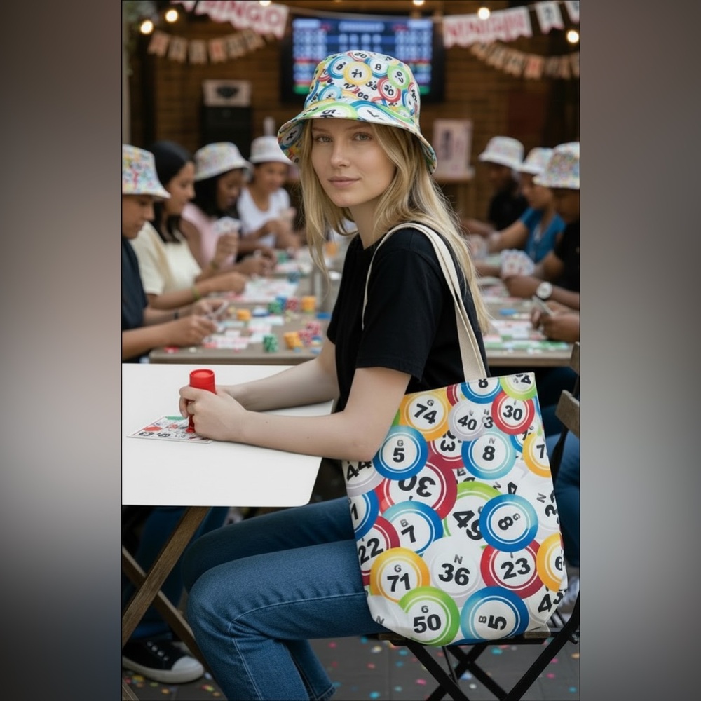 Colorful Bingo Print Tote Bag and Bucket Hat Gift Set - White Multicolor